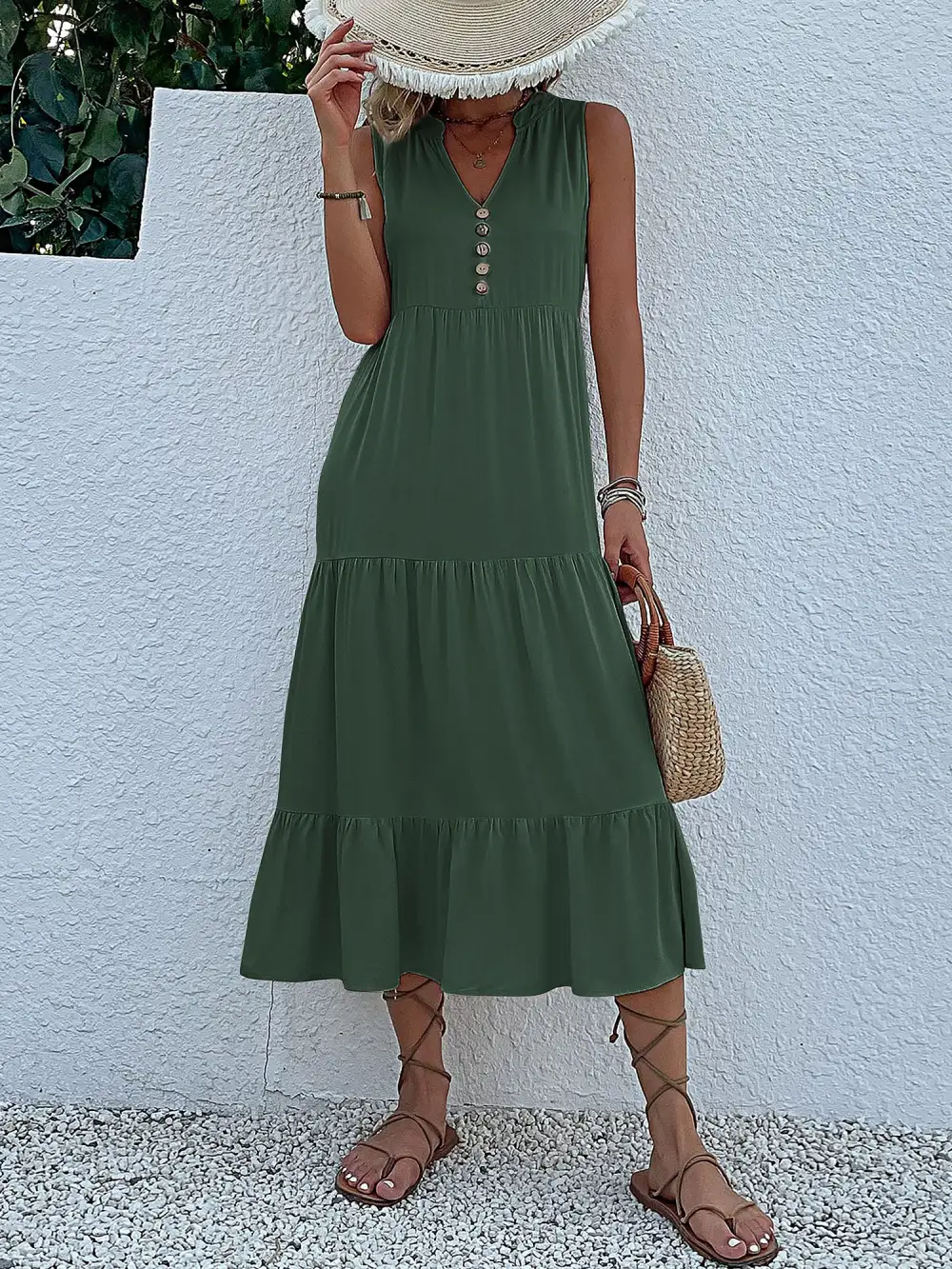Notch-Neck Buttoned Sleeveless Tiered Midi Dress