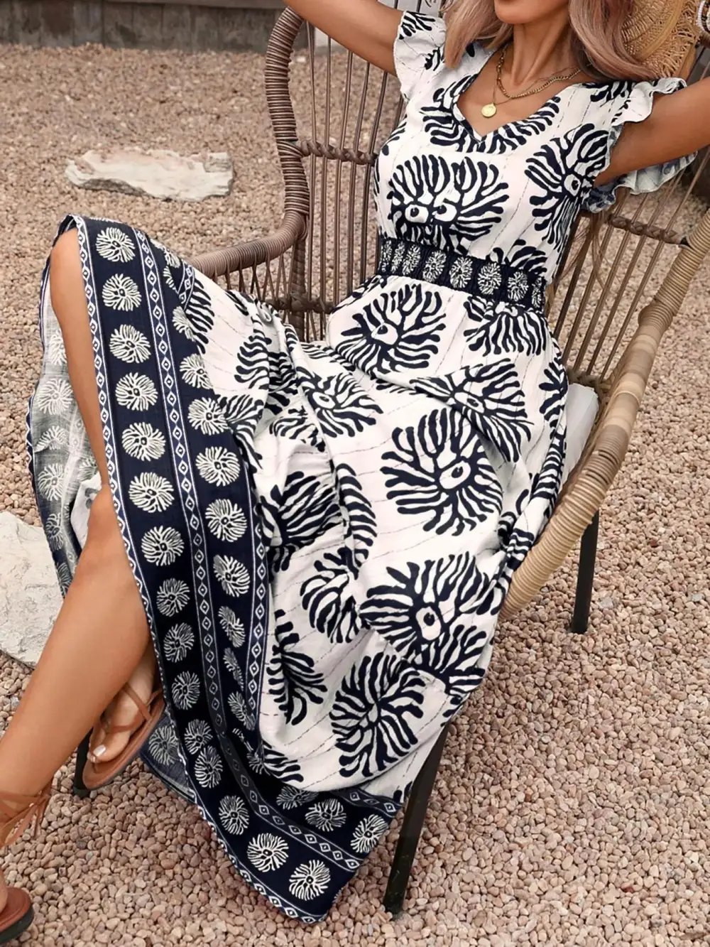 Printed V Neck Maxi Dress