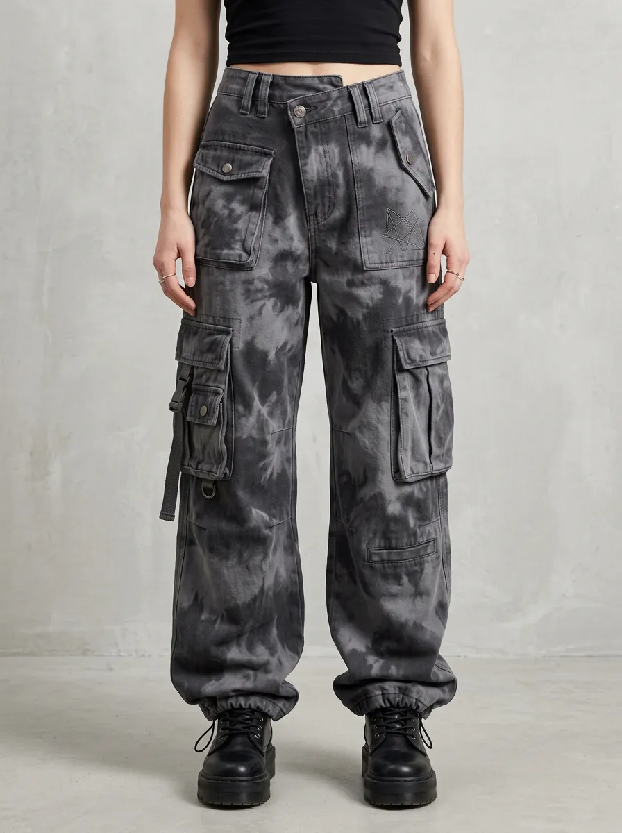 Functional Tie Dye Pattern Silhouette Women's Multi Pocket Cargo Pants