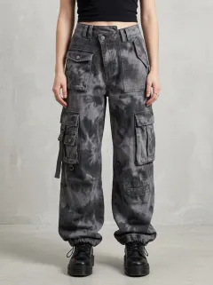 Functional Tie Dye Pattern Silhouette Women's Multi Pocket Cargo Pants