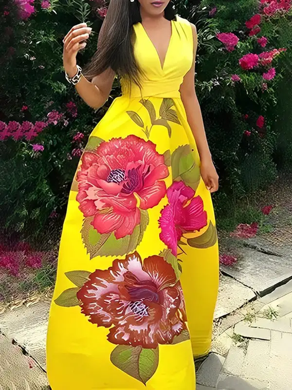 Flower Sleeveless Neck Maxi Dress