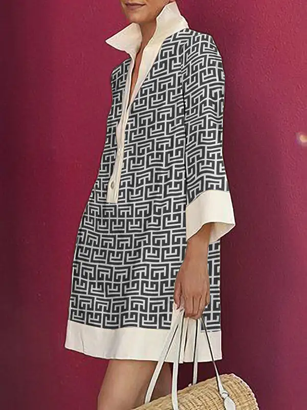 Long Sleeve Three Quarter Sleeve Buttoned Printed Lapel Mini Dress Shirt