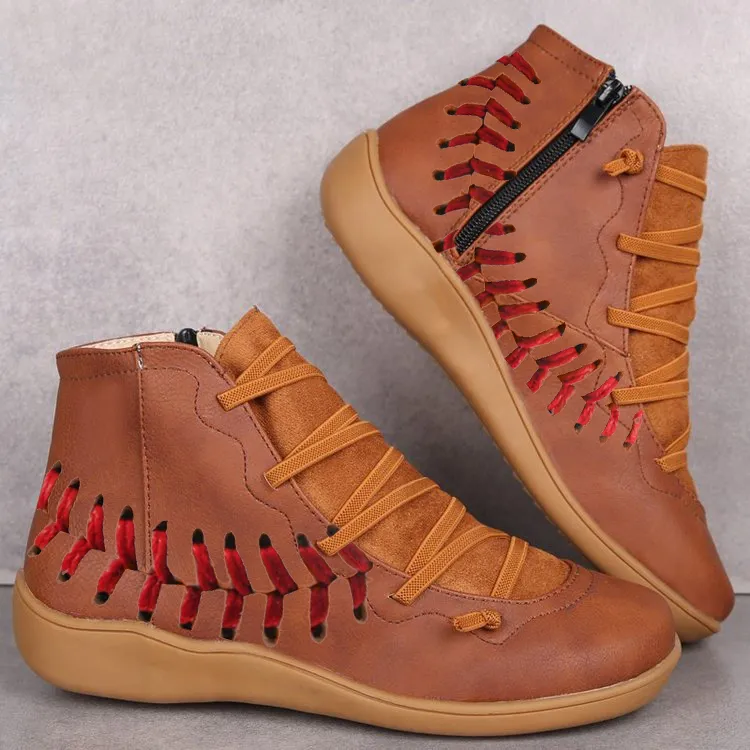 Women Winter Casual Leather Side Zipper Round Toe Retro Booties Comfort Flat Snow Boots