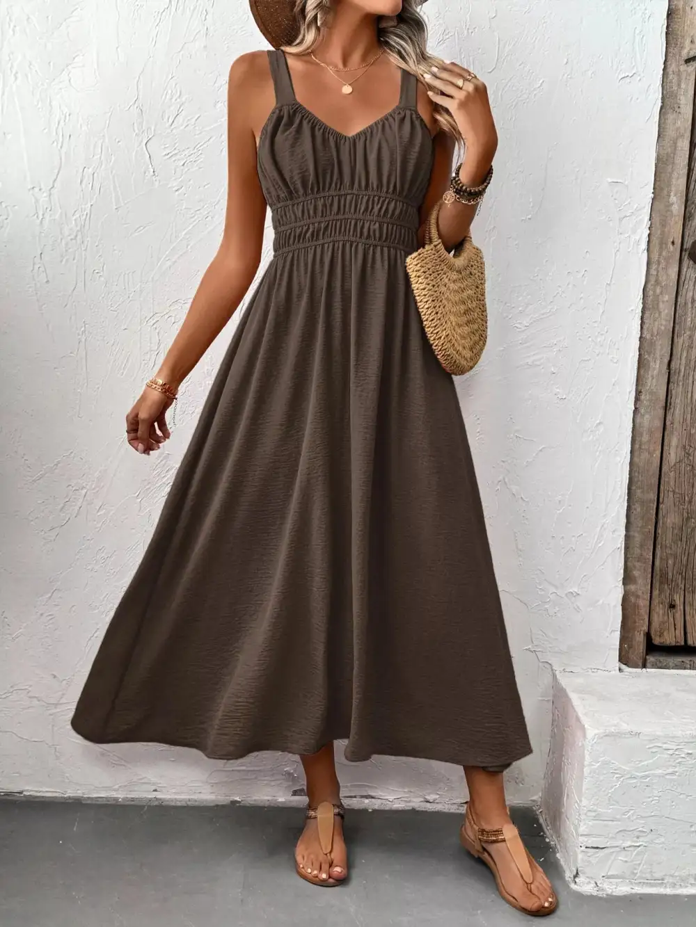 Smocked Sleeveless Midi Dress
