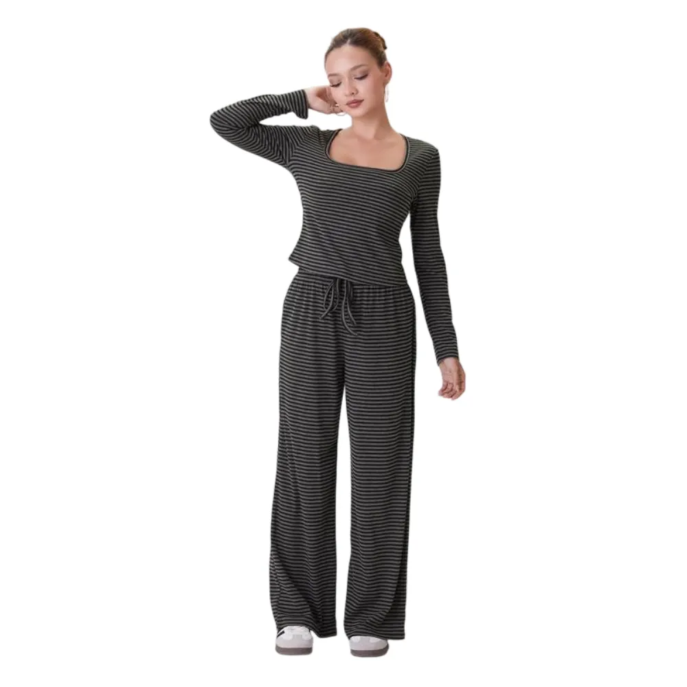 Women's Slouchy Square Neck Stripe Long Sleeve Crop Top & Low-Rise Wide Leg Trousers Co-ord