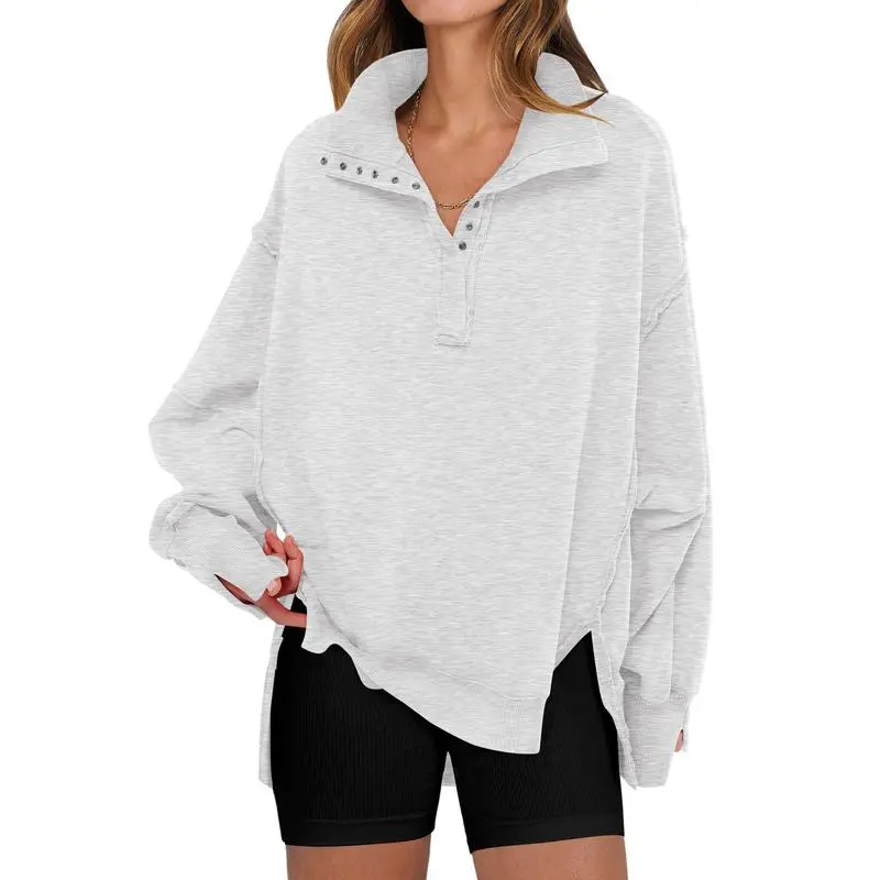 Women's Sweatshirts Oversized Casual Loose Button Up Henley Pullover Top High Low Split Fall Fashion Outfits