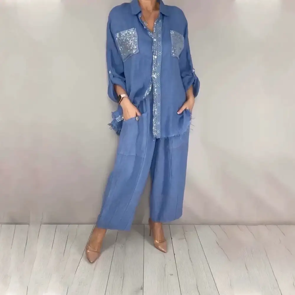 Wide-Leg Long-Sleeve Lapel Women's Matching Set