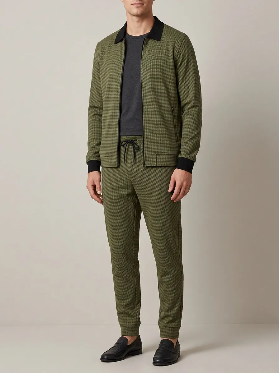 Men's Everyday Houndstooth Polo Collar Jacket and Jogger Pants Set