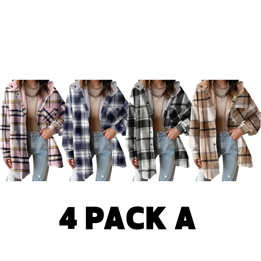 Women's Flannel Hooded Plaid 2025 Shacket Thick Coat