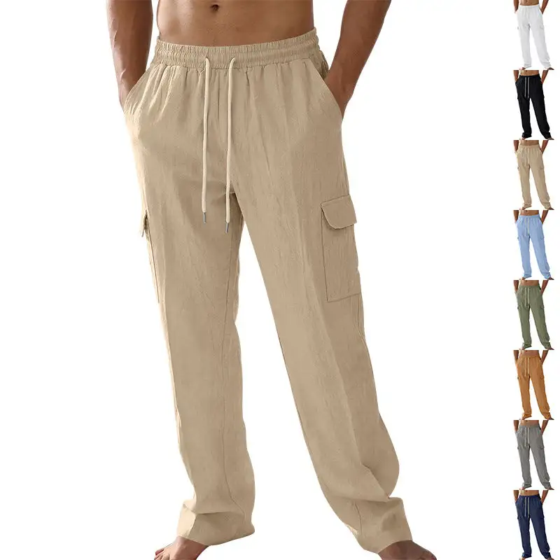 Men's Loose Linen Cargo Pants Waistband Pockets