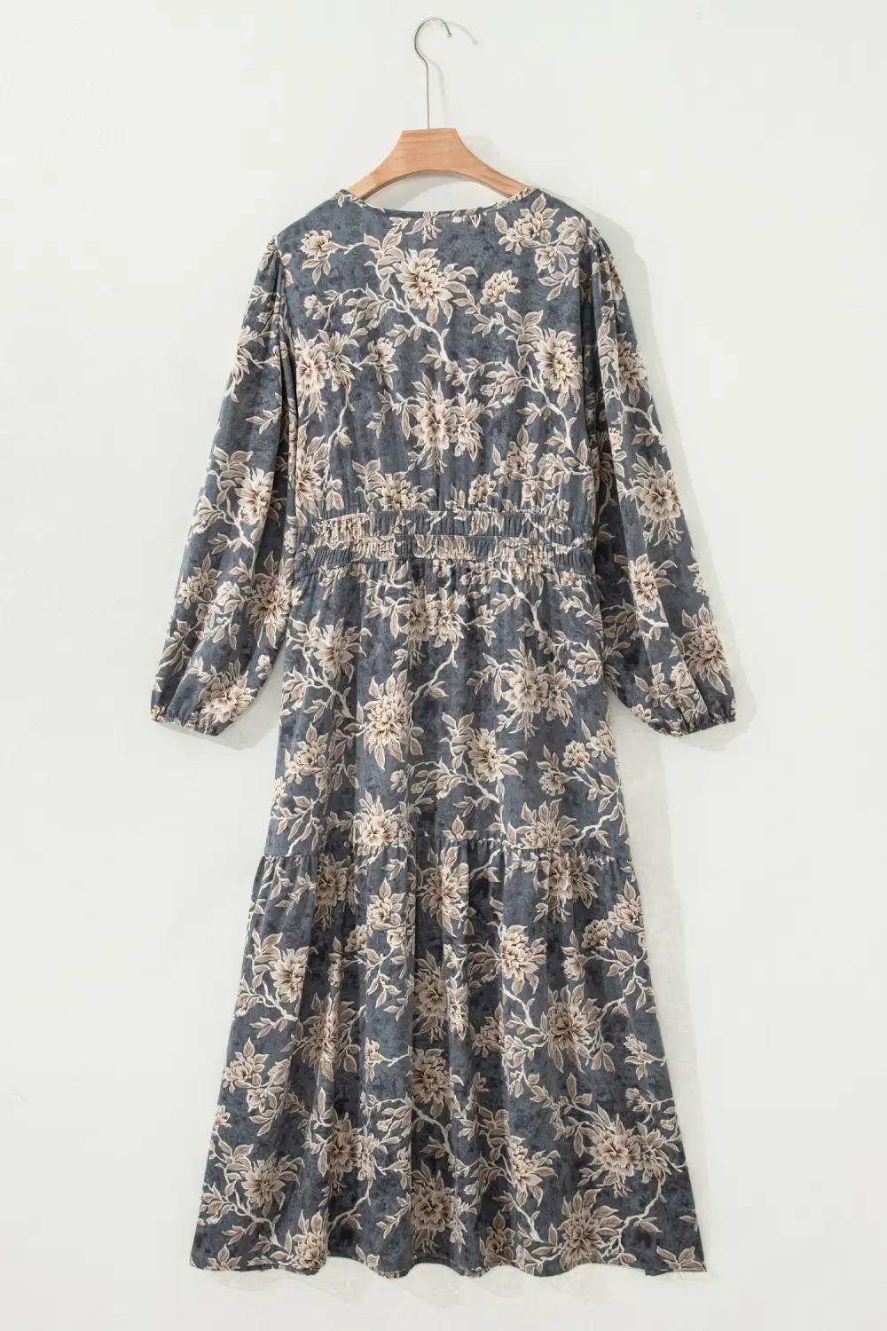 Layered Detail Floral Printed Split Neck Maxi Dress