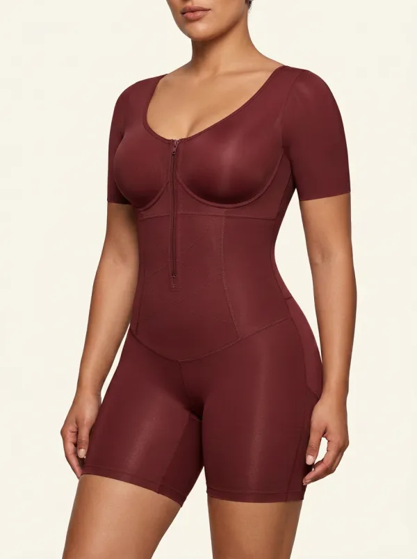 Women's Tummy Control Zip-Front Short Sleeve Bodysuit Shapewear