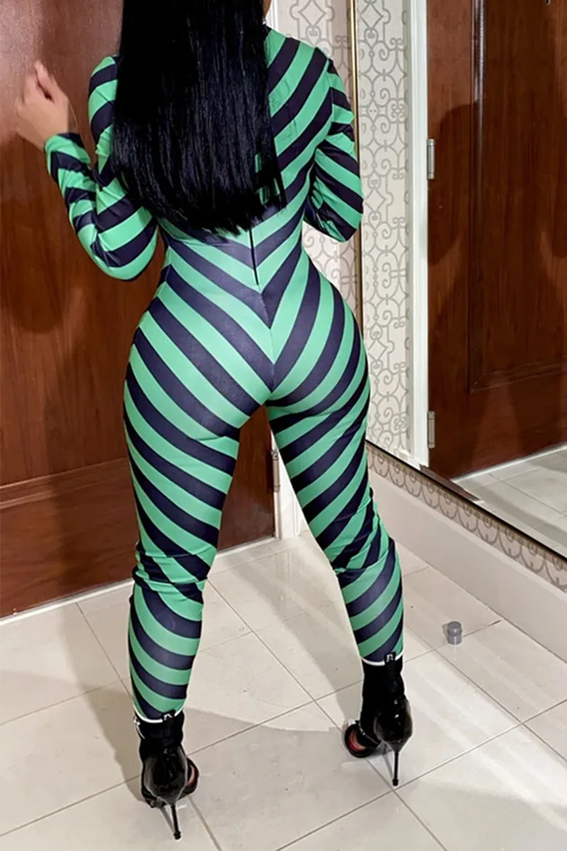 Casual Striped Split Joint Half A Turtleneck Skinny Jumpsuits