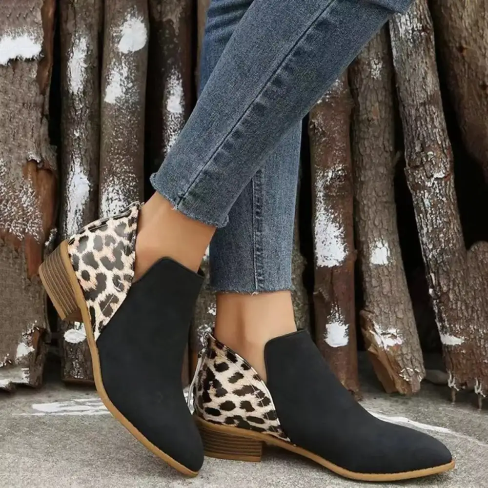 Leopard Point Toe Block Heels Boots