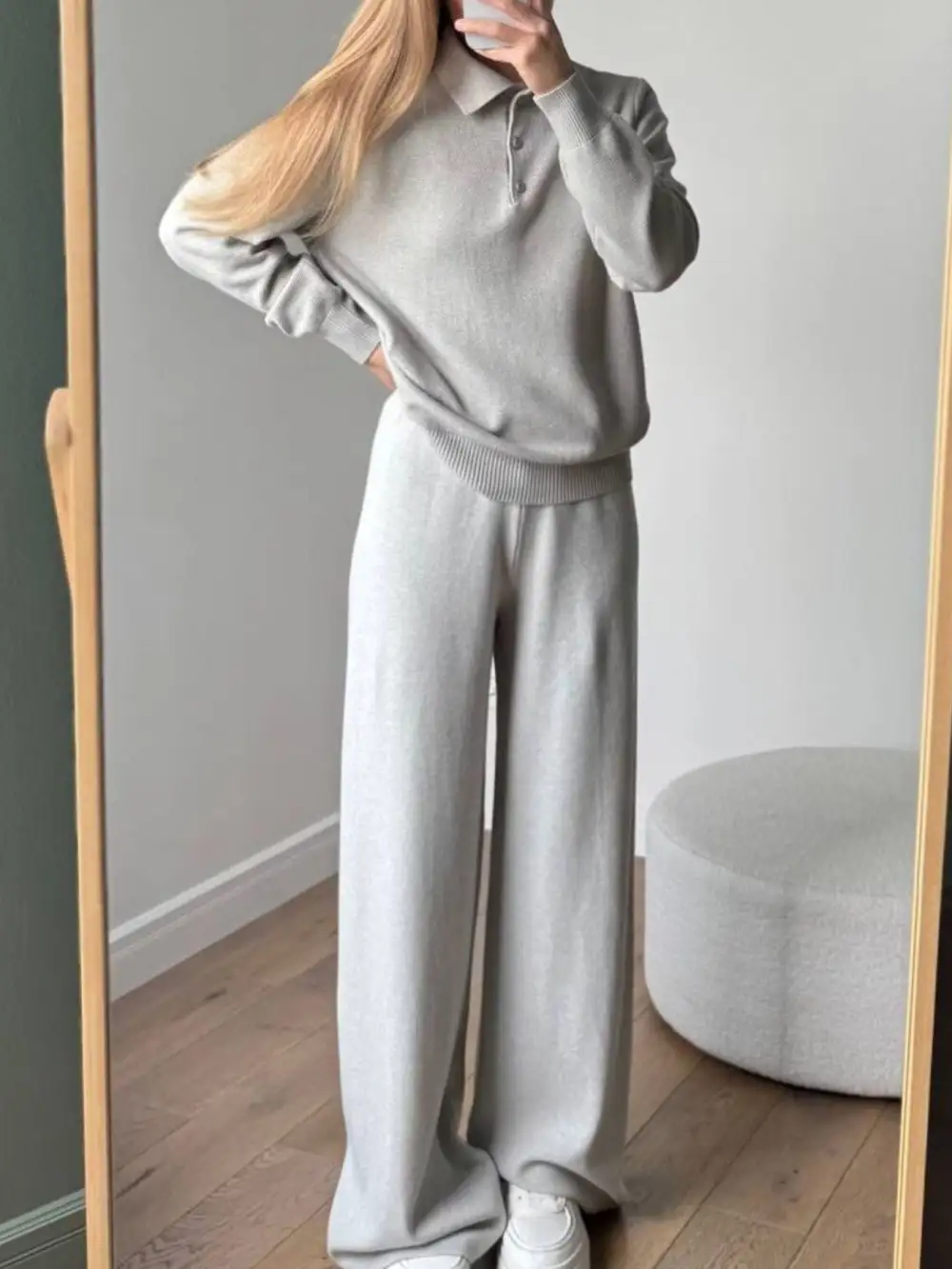Polo Collar Top and Pants Or Skirt Knit Set