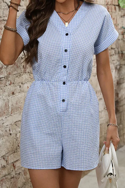 Print Button V Neck Casual Rompers