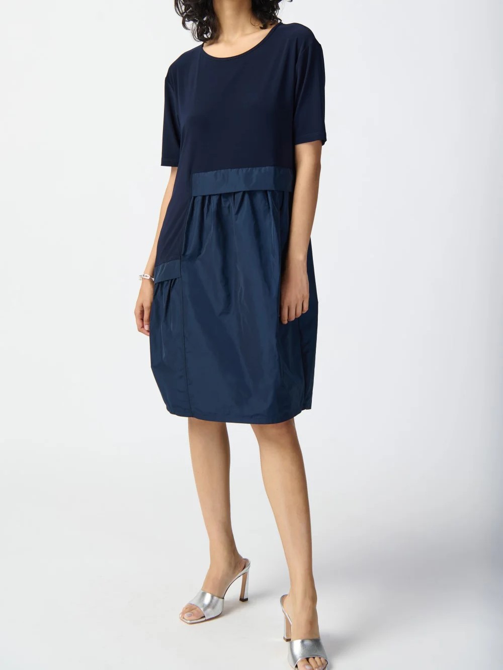 Navy Blue Short - Sleeve Fit - and - Flare Dress