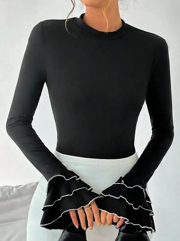 Flared Sleeve Long Sleeve Panel Detail Tiered Round Neck T-Shirt