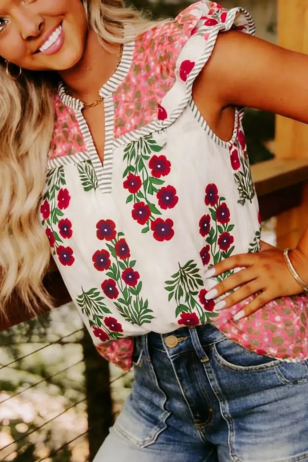 Floral Print Contrast Striped Trim Flutter Cotton