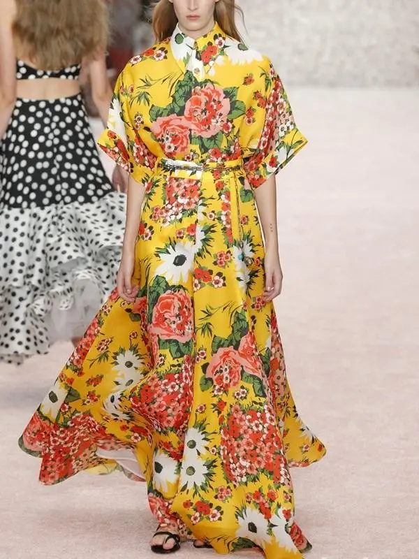 Printed Yellow Large Swing Long Dress