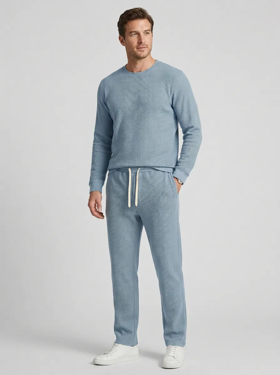 Minimal Waffle Knit Waffle Texture Classic Look Men's Waffle Knit Lounge Set