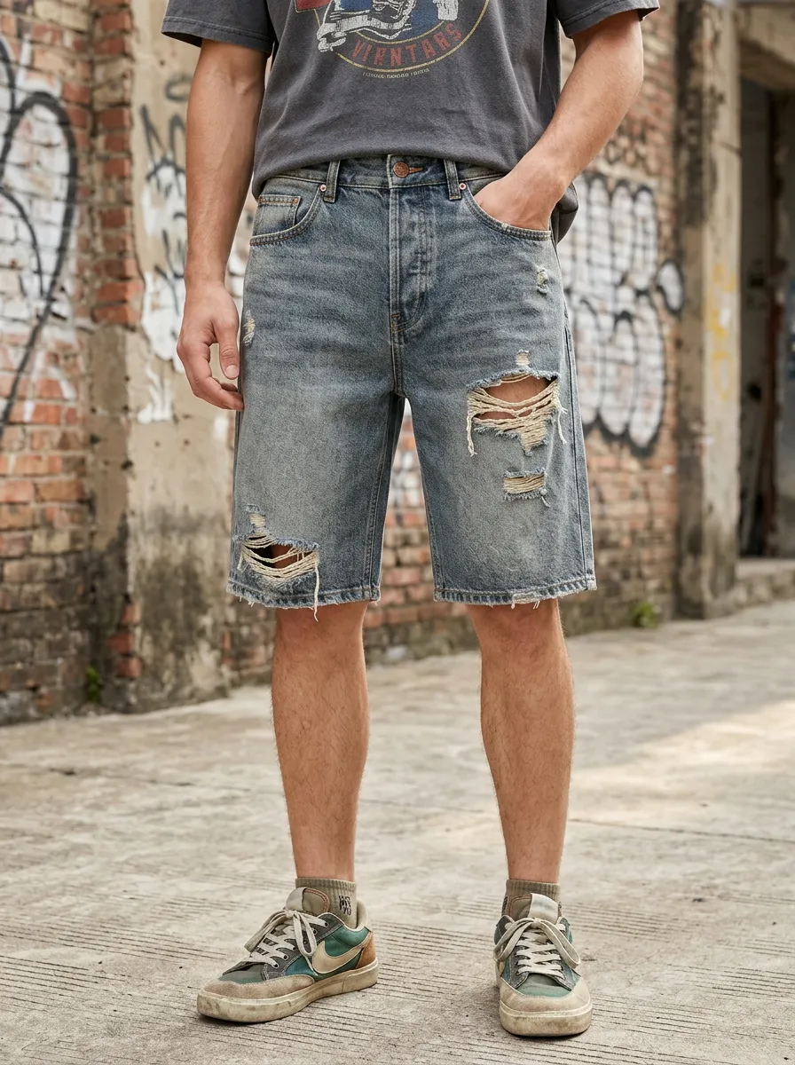 Men's Ripped Denim Shorts Featuring Button Fly