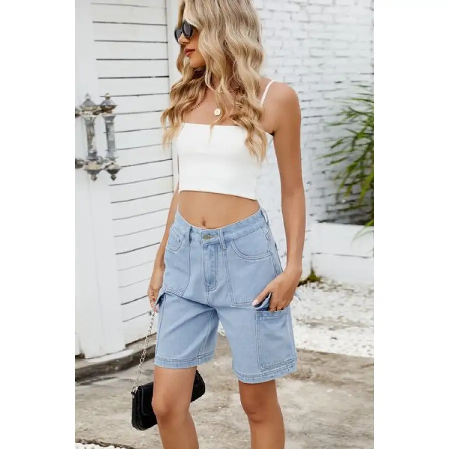 High Rise Denim Shorts with Cargo Pockets