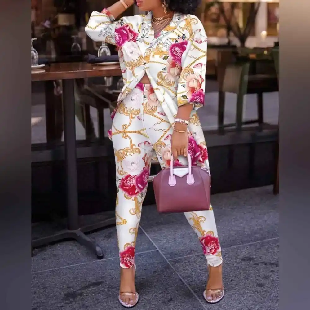 Everyday Print Lantern Sleeve Top High Waist Pants Set