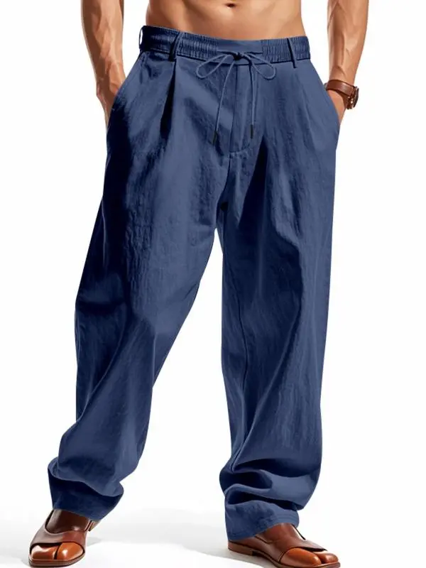 Men’s Solid Color Linen Pants – Casual Wide-Leg Regular Fit Trousers for Spring & Fall