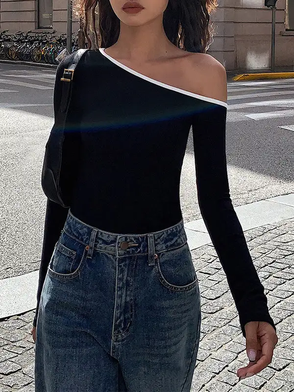 Long Sleeve Slim Fit Asymmetric One Shoulder Polyester T-Shirt