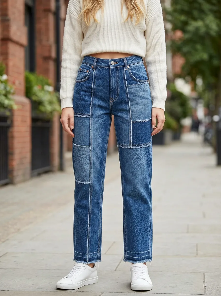 Women's Casual Fashion Patchwork Raw Hem Denim Jeans