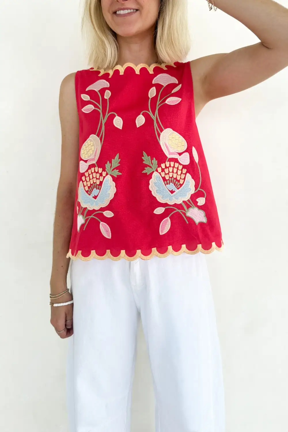 Structured Floral Embroidered Sleeveless Top