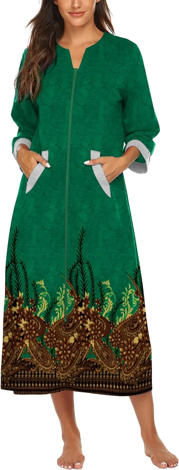 50% OFF Women Zipper Robe 3/4 Sleeves Loungewear Dress Full Length Sleepwear Pockets Housecoat Nightgown Long Bathrobe