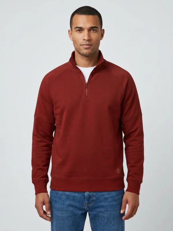 Men's Classic Textured Raglan Embroidered Emblem Stand-Collar Quarter-Zip Sweatshirt