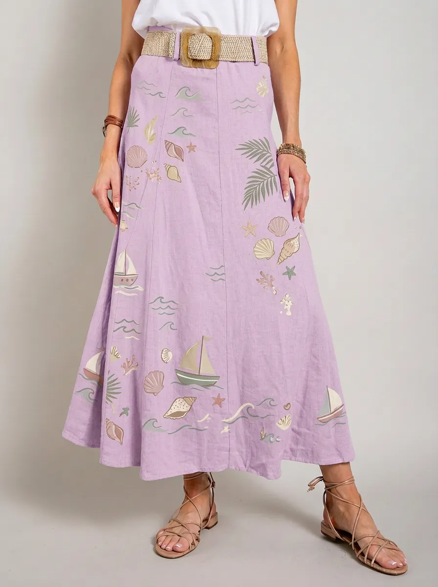 Women's Coastal Nautical Seashell Sailboat Printed Skirt