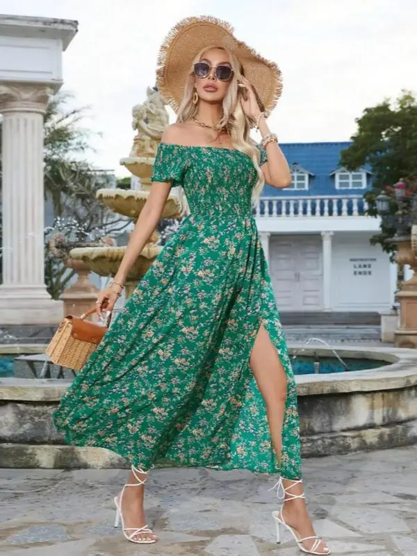 Women'S Frenchy Style Split Thigh A Line Vintage Shortsleeve Dress,