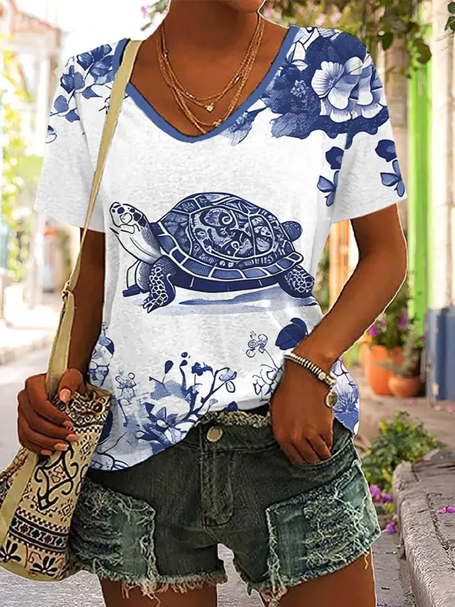 Women'S Floral Turtle Print Casual T-Shirt