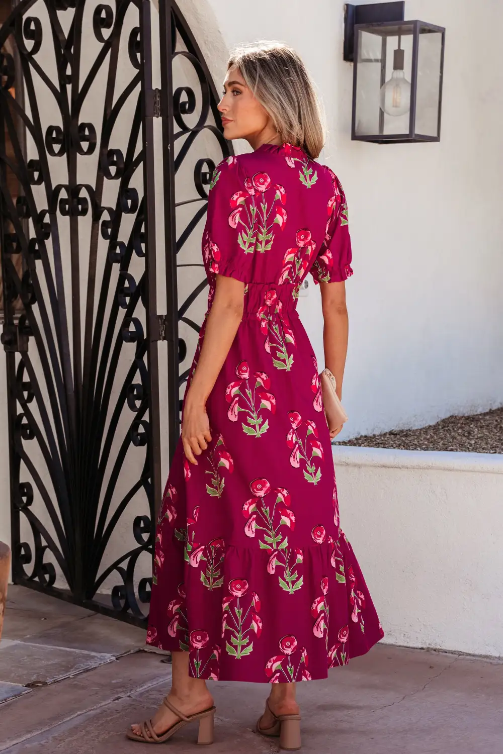 Gathered Detail Floral Printed V Neck Maxi Dress