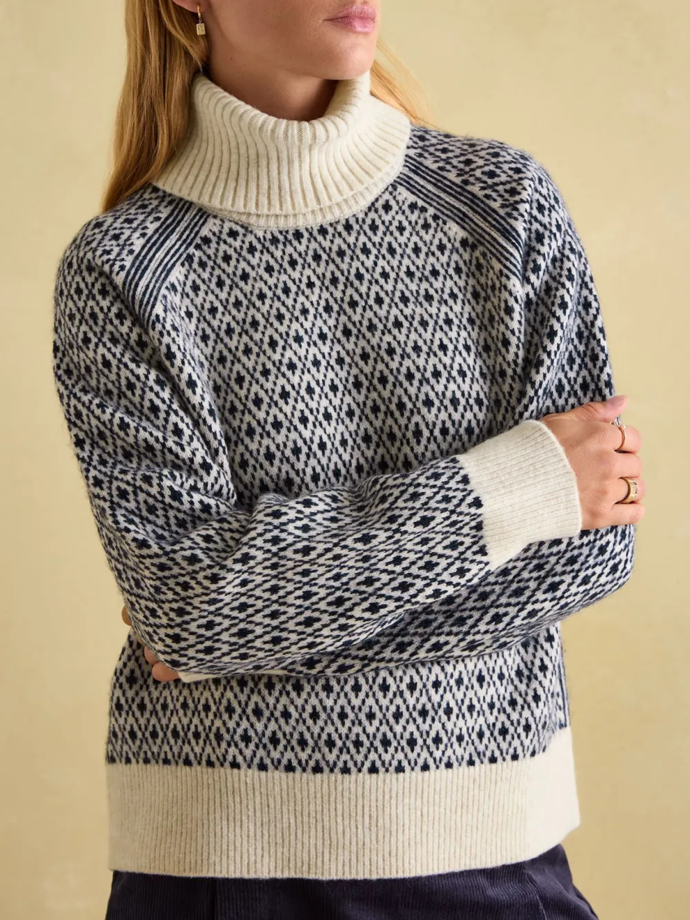 Cream/Red Patterned Jumper with Detachable Roll Neck