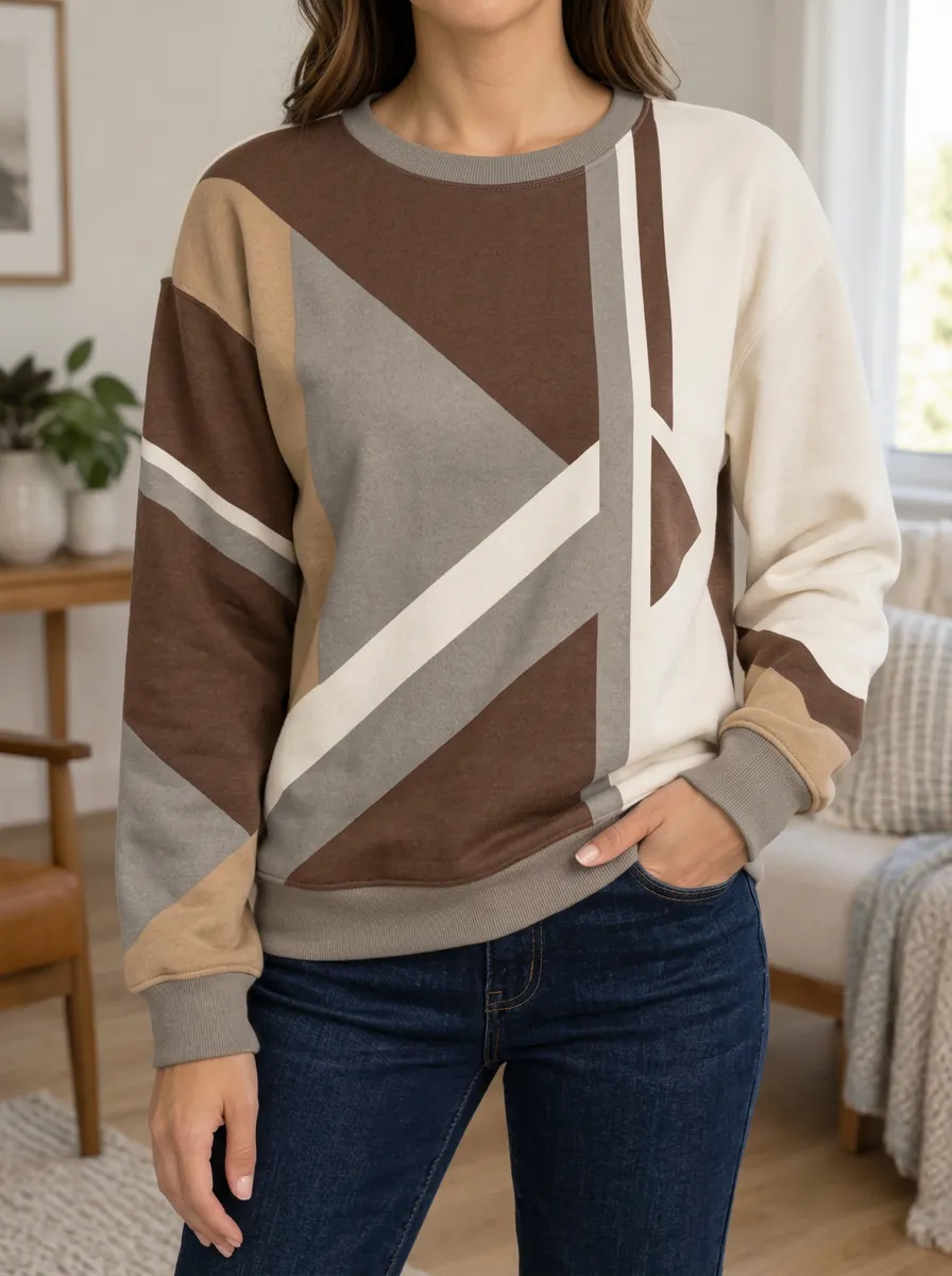 Women's Multi-Color Geometric Print Crewneck Sweatshirt
