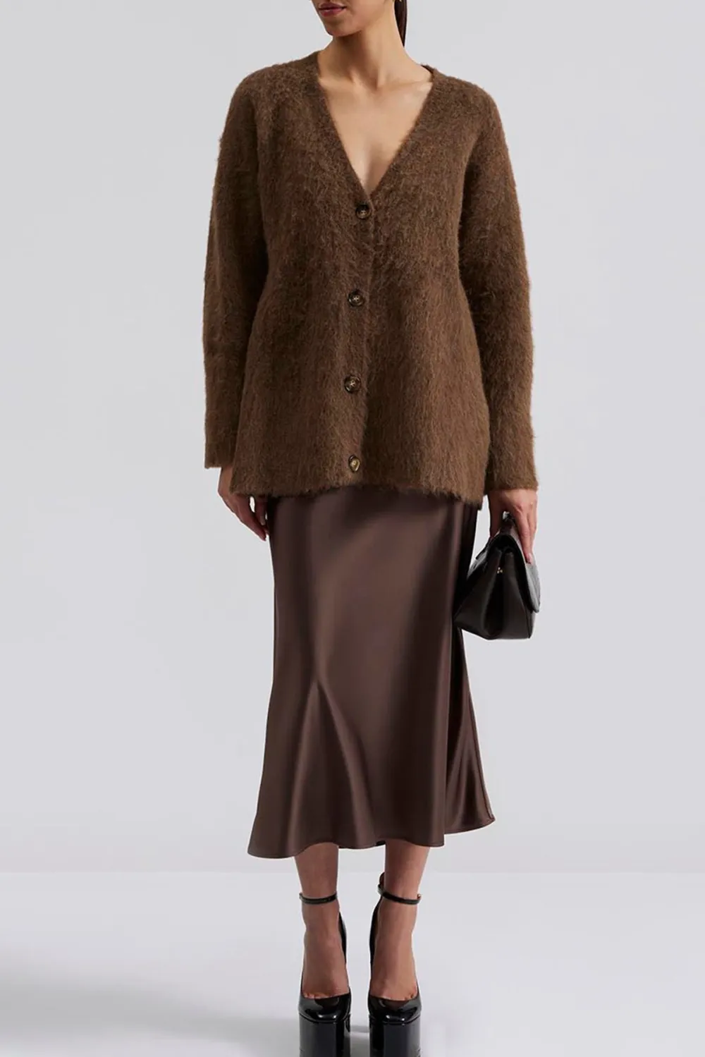 Fuzzy V Neck Button Front Cardigan