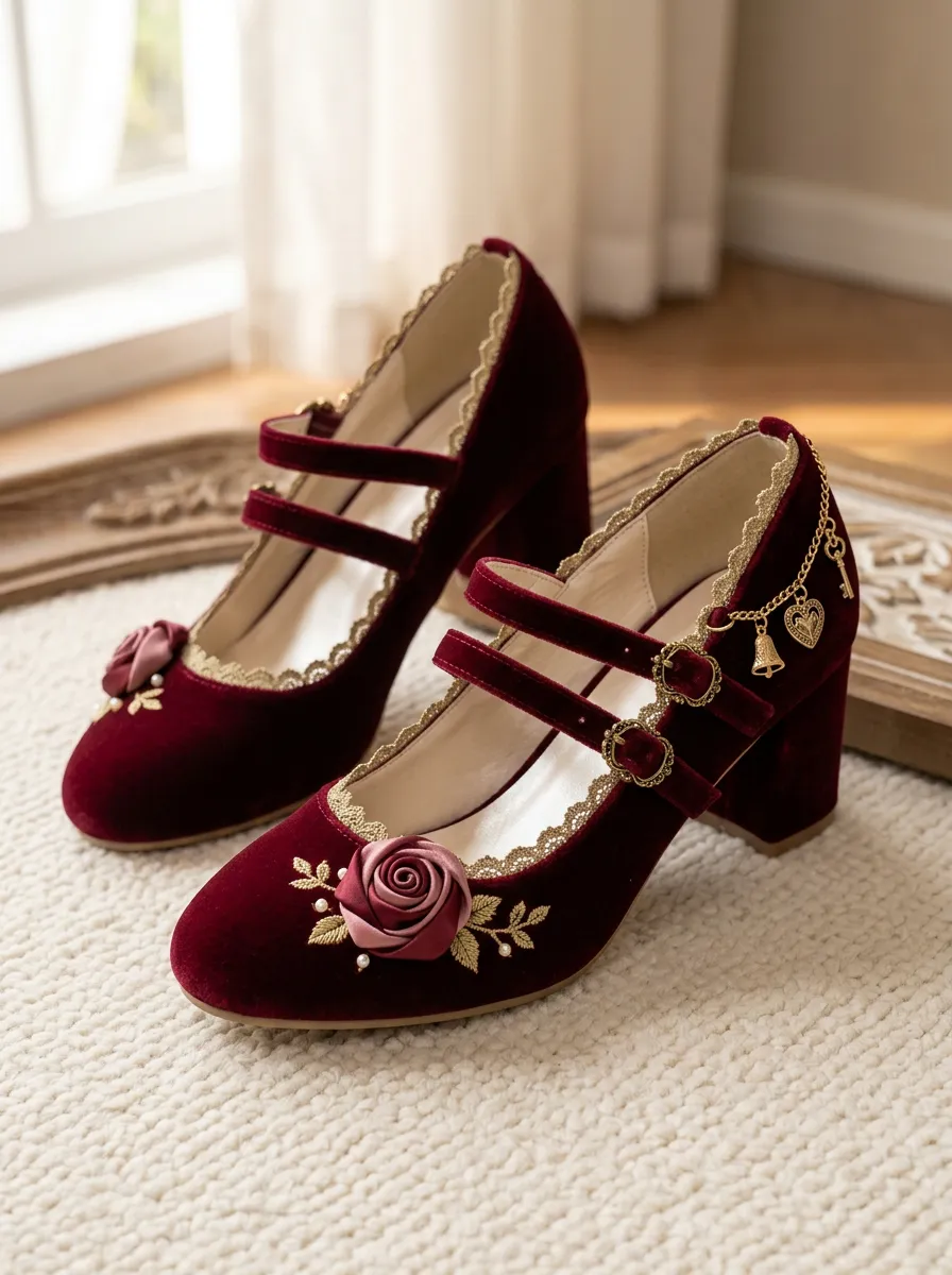 Mary Jane Velvet Embroidered Women's Bavarian Occasion Heels