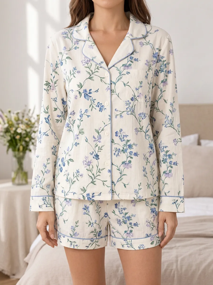 Women's Relaxed Botanical Floral Notched Collar Button Front Long Sleeve Pajama Set