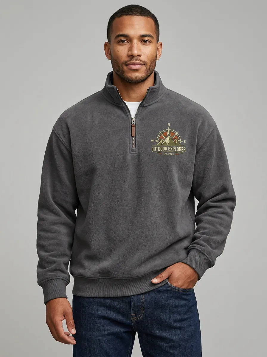 Men's Outdoor Explorer Mountain Compass Graphic Quarter-Zip-Neck Sweatshirt