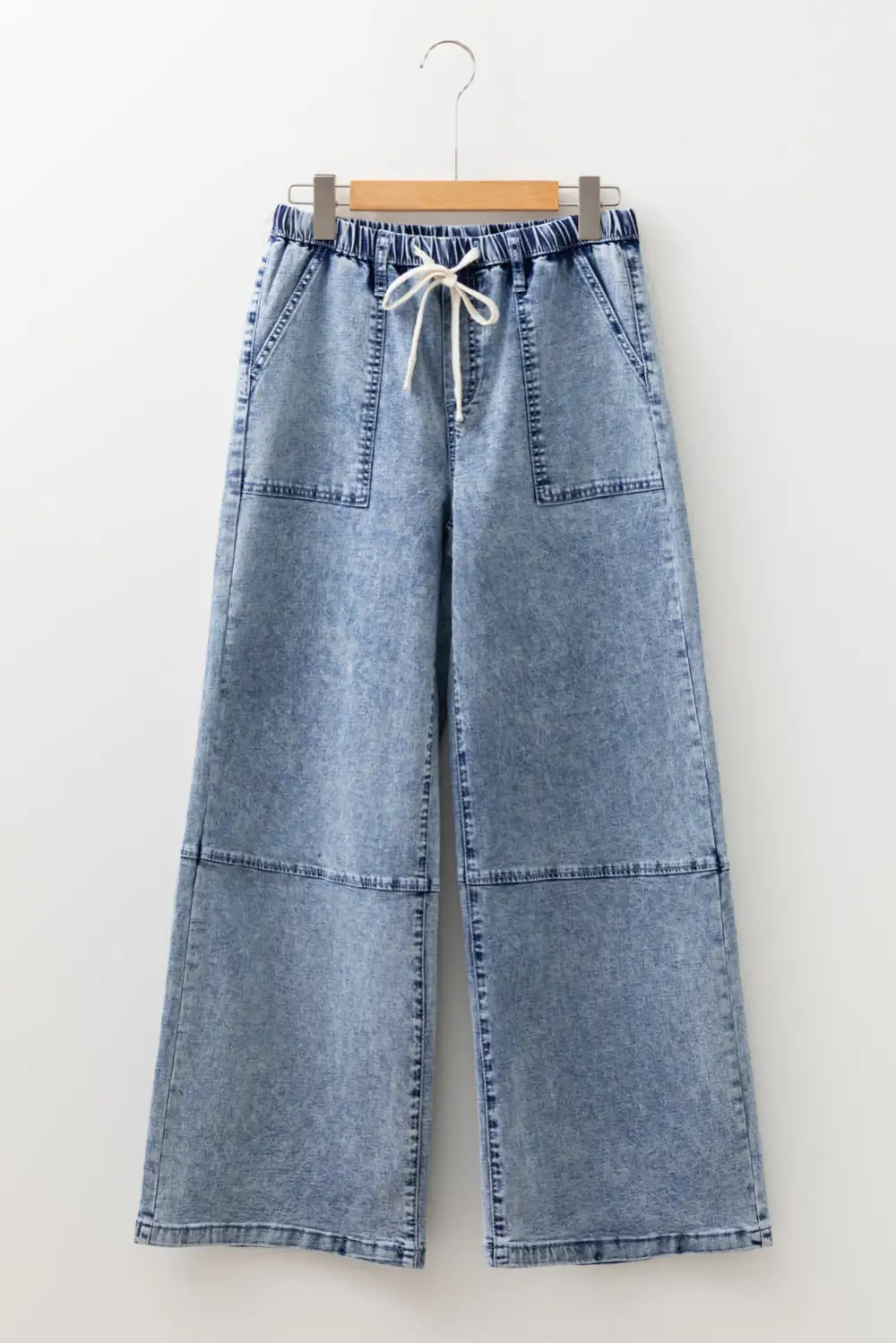 Acid Wash Exposed Seam Drawstring Elastic Waistband Jeans