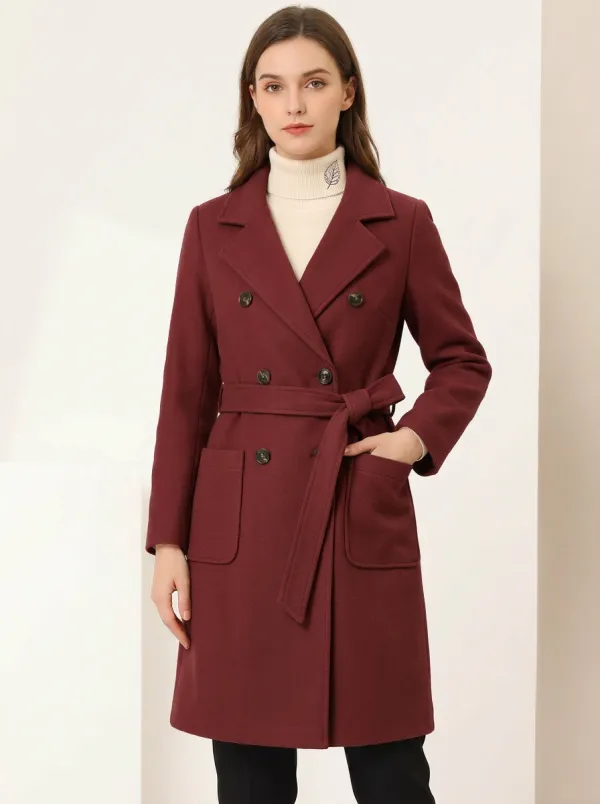 Women's Camel Double-Breasted Belted Wool Blend Trench Coat