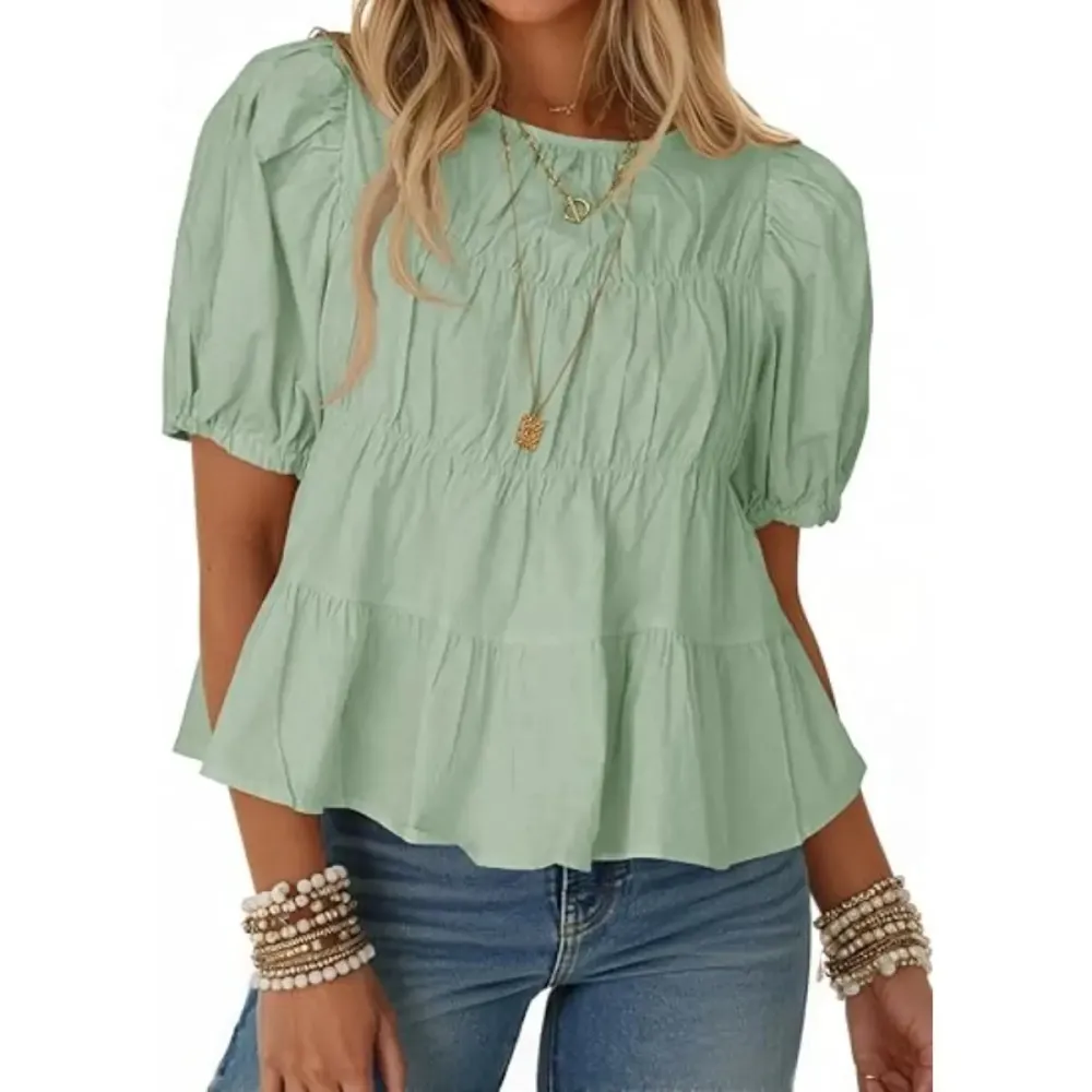 Womens Puff Sleeve Peplum Babydoll Tops