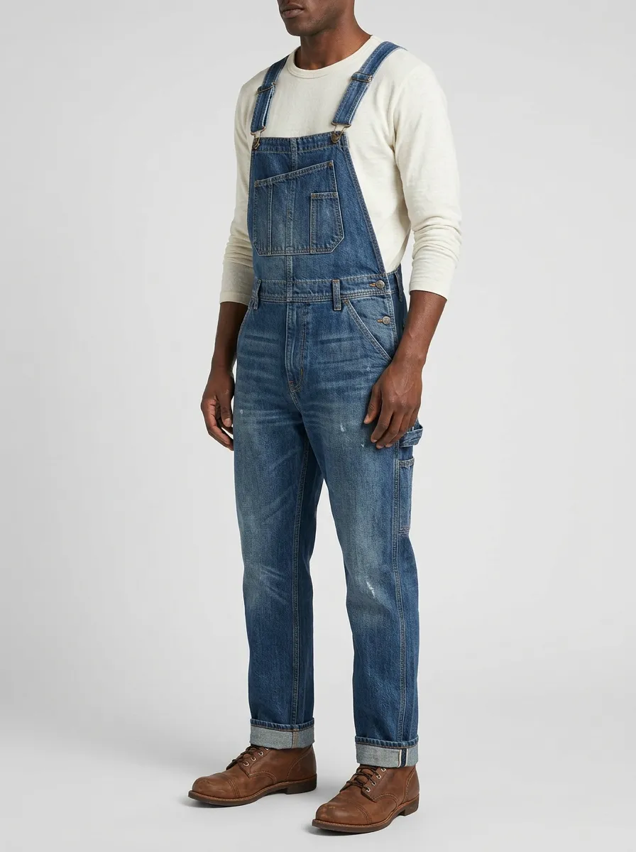 Men's Vintage Distressed Denim Bib Overalls