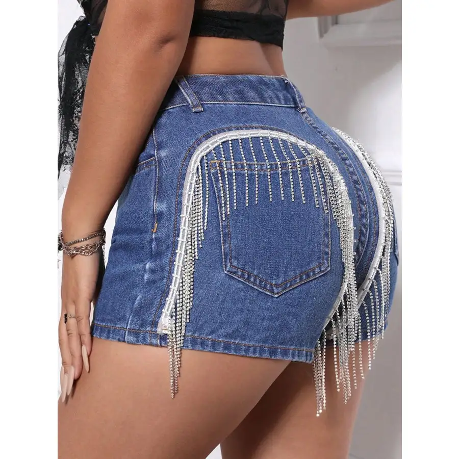 Fringe Back Denim Shorts with Pockets