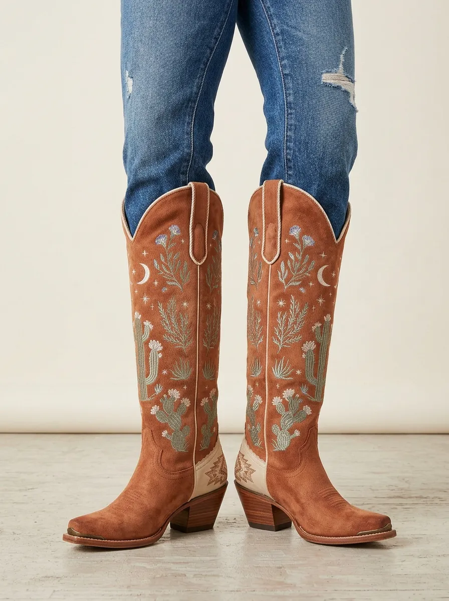 Women's Western Cactus Floral Moon Geometric Star Embroidered Denim Over-the-Knee Boots